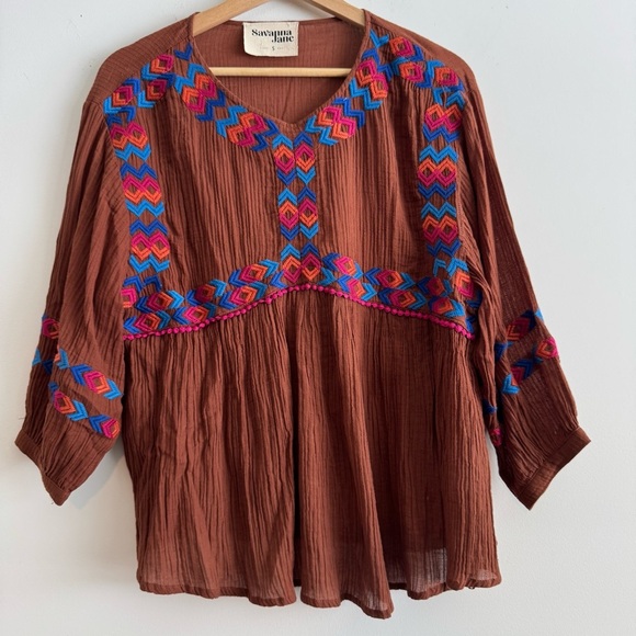 Savanna Jane brown embroidered boho flowy top size small - Picture 1 of 5